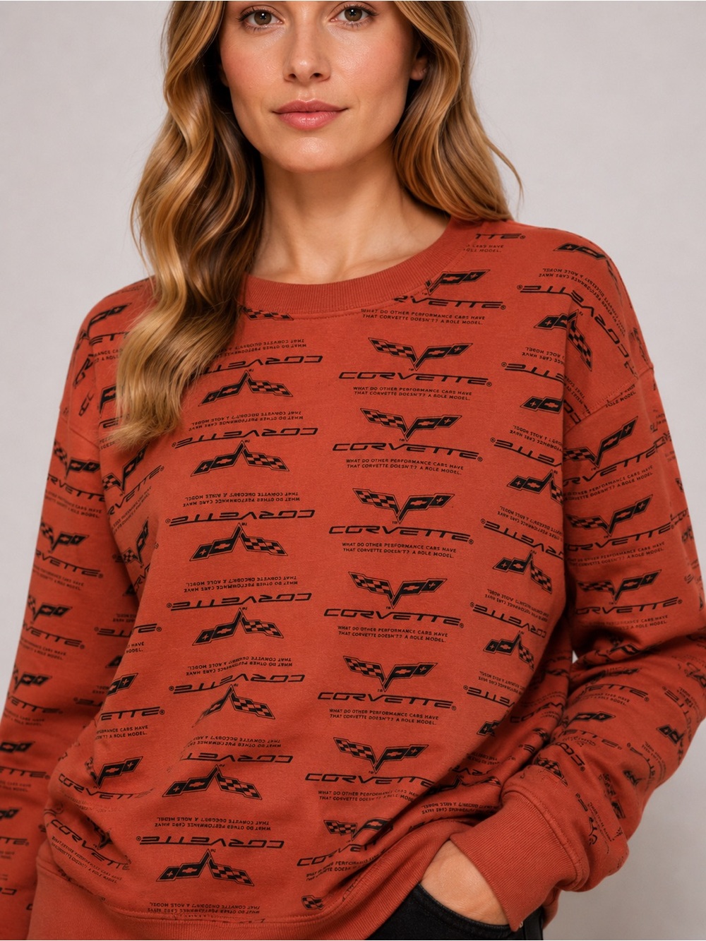 GM Corvette All Over Print Sweatshirt Large Burnt Orange Brown Crewneck Unisex L